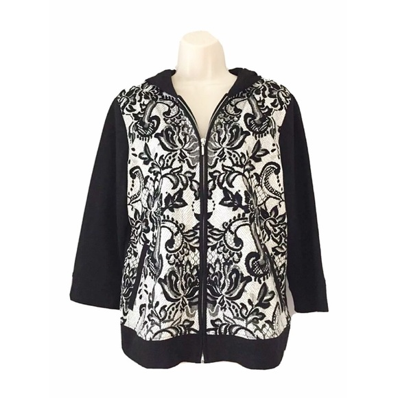 ZENERGY /CHICO’S Hoodie Flocked Faux Lace Jacket - Picture 1 of 6